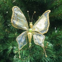 Бабочка изумрудно-золотая 25 см / Елочное украшение .